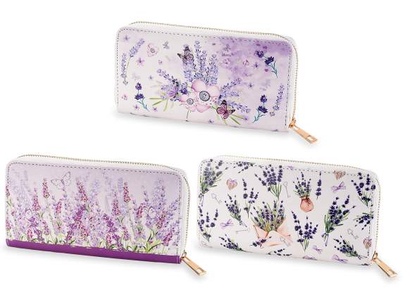 Womens faux leather wallet with zip and Lavender print